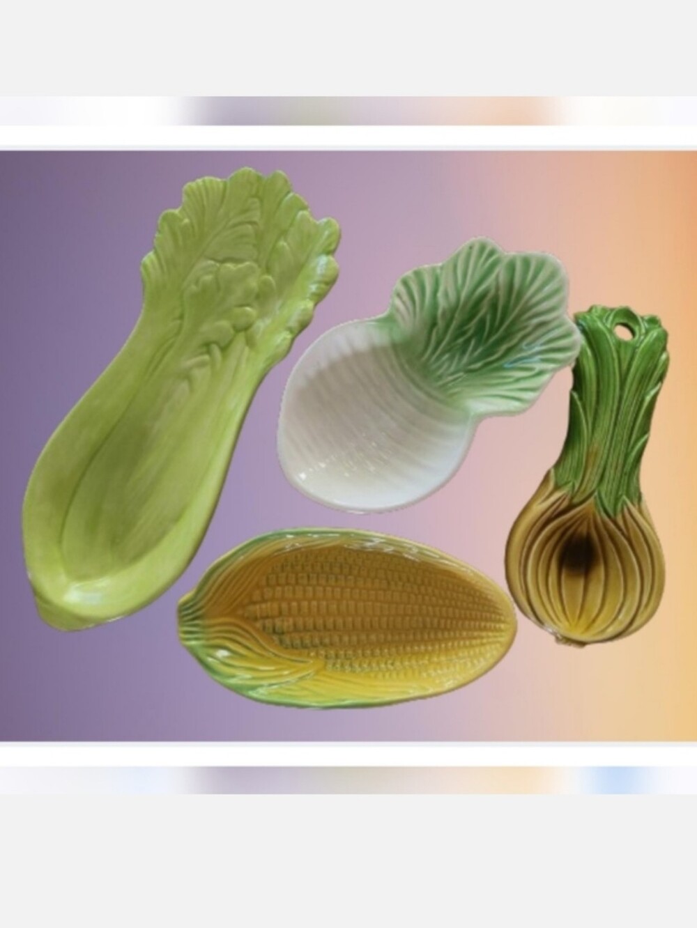 4 Ceramic Items: Celery, Turnip, Corn Dishes + Spoon Rest